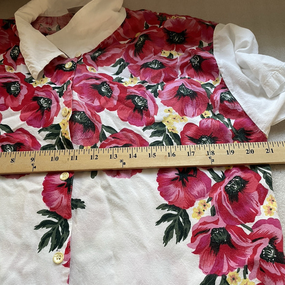 Vintage 90s Adrian Jordan Shirt Women 14 White Floral Poppies Button Up Blouse - Picture 8 of 10